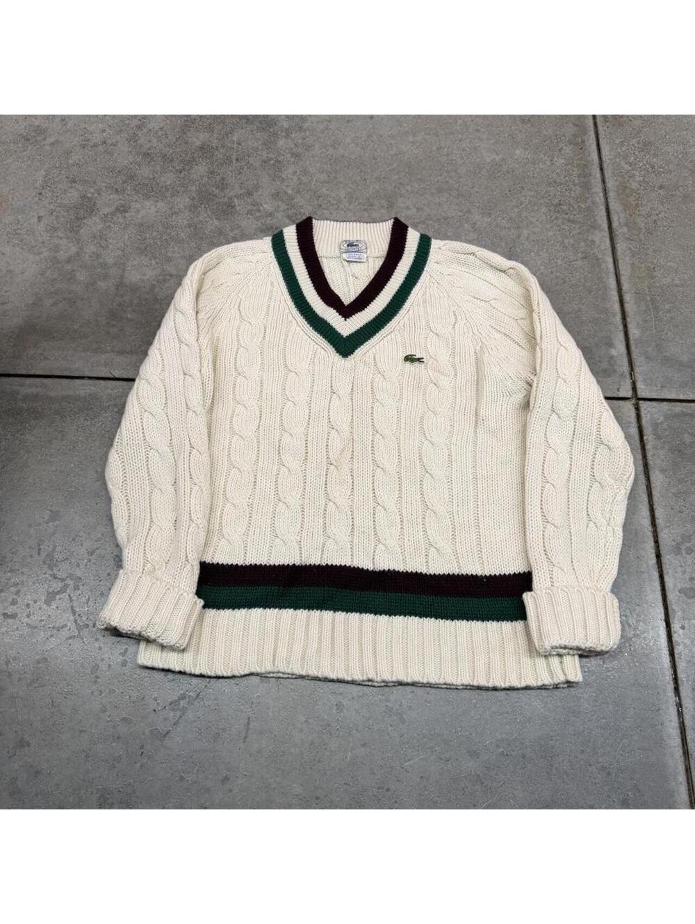 vintage izod lacoste white v neck knit sweater size large